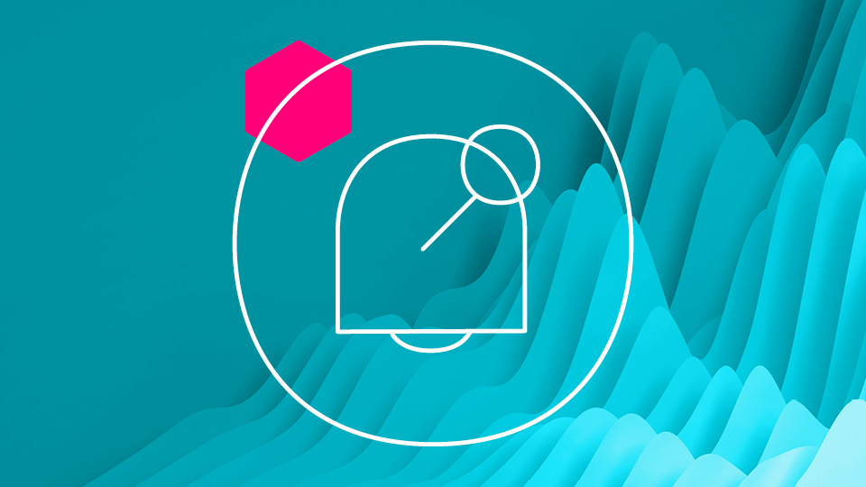 Visual features a teal background with line icons of an alarm bell and a magnifying glass in a white circle and a pink hexagon.