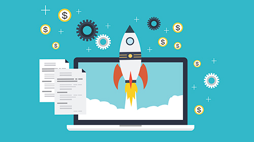 An illustration of a rocket launching from a laptop symbolizing business development through intellectual property