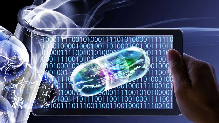 A person holding a screen with binary code and an imge of a medical pill symbolizing medical research