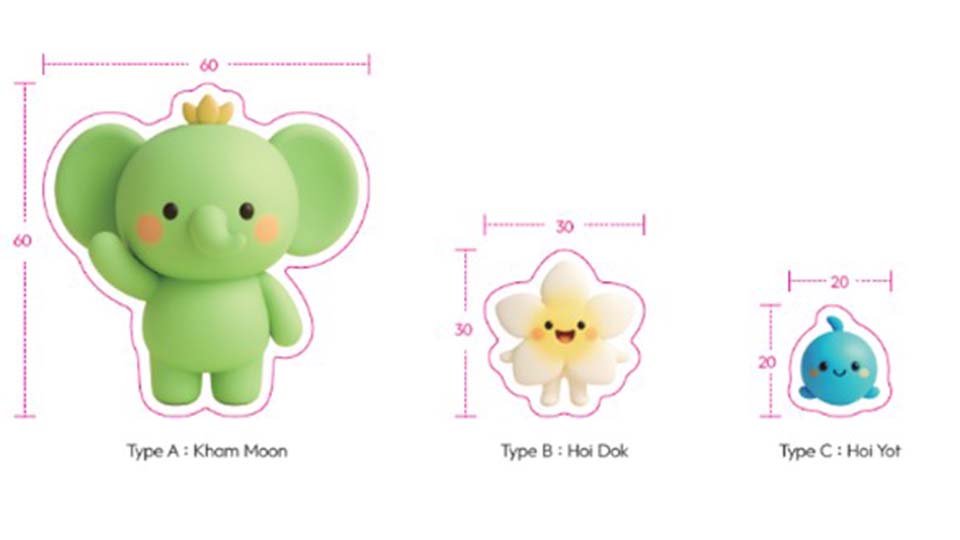 Three Green Jungle Park mascot characters with dimensions: Kham Moon (green elephant), Hoi Dok (white flower), and Hoi Yot (blue teardrop)