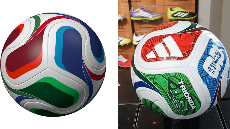 Adidas’ design DM/241148 for the official match ball of the 2026 FIFA World Cup (left) alongside the consumer-grade replica ball for sale on the high street (right).