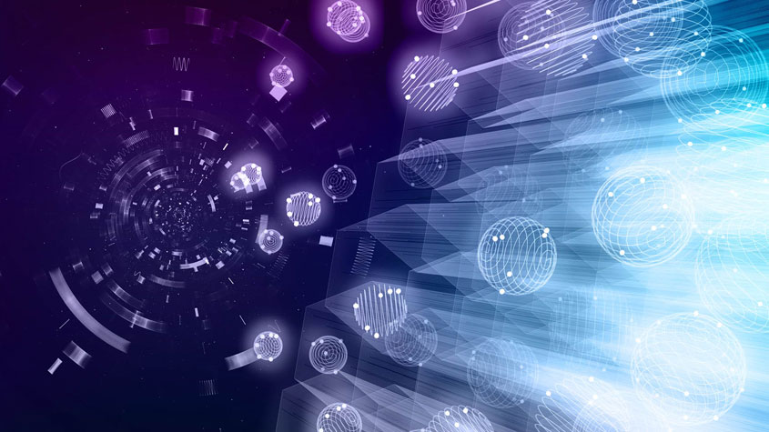 Digital particles moving forward symbolizing fast development of frontier technologies using IP